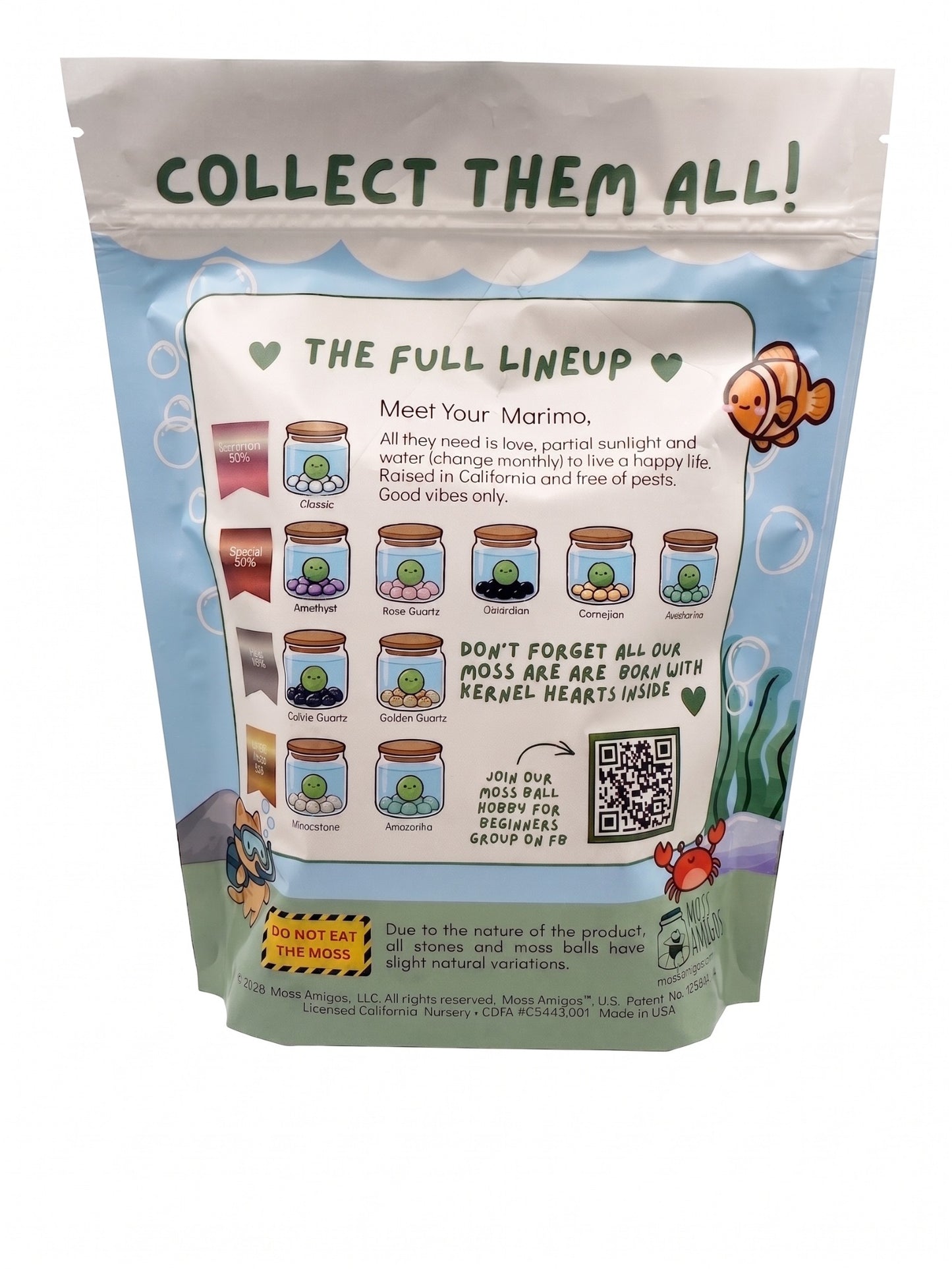 Moss Amigos Adopt a Lil Marimo pet plant blind bag, back packaging showing collectible lineup