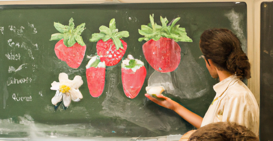 An impressionist classroom with diverse students learning about a strawberry on a chalkboard