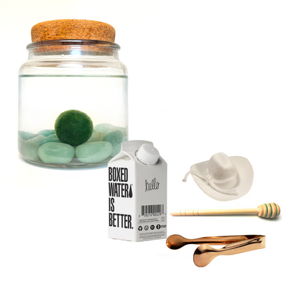 Combo Aventurine Moss Amigo with white country hat and rose gold tong.