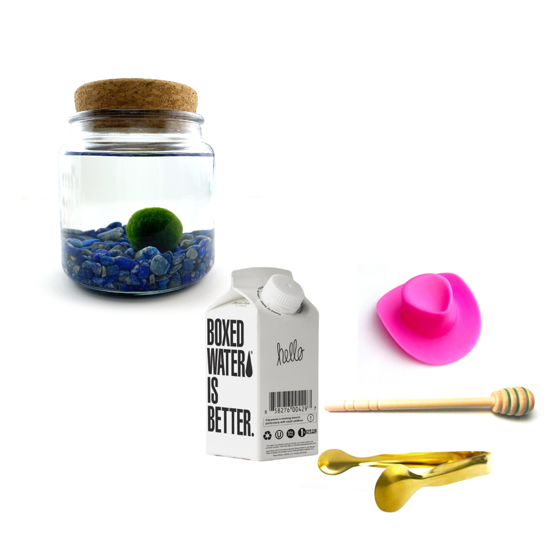 Combo Lapis Lazuli Moss Amigo with pink country hat and gold tong.
