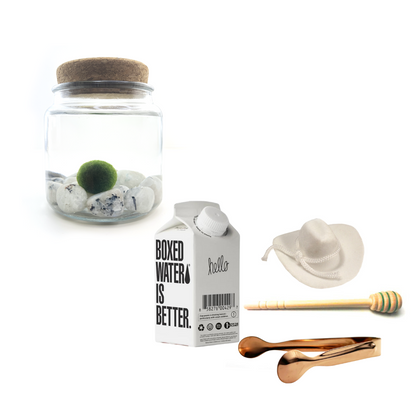 Combo Moonstone Moss Amigo with white country hat and rose gold tong.