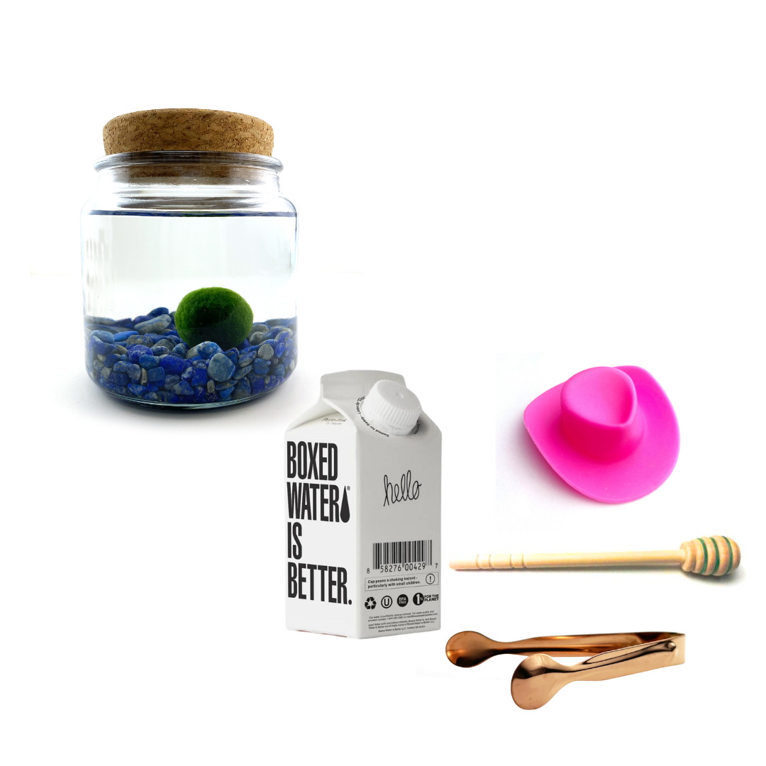 Combo Lapis Lazuli Moss Amigo with pink country hat and rose gold tong.