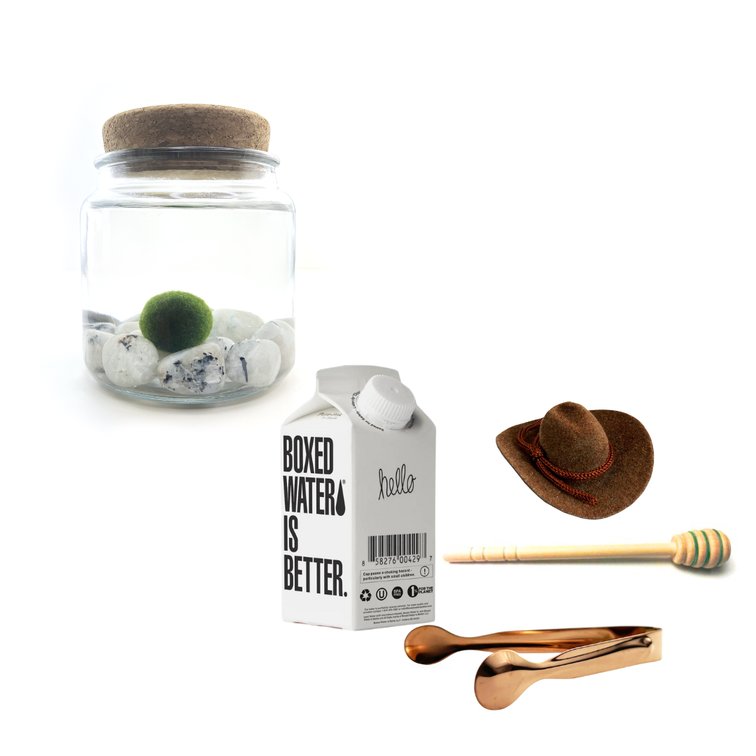 Combo Moonstone Moss Amigo with brown country hat and rose gold tong.
