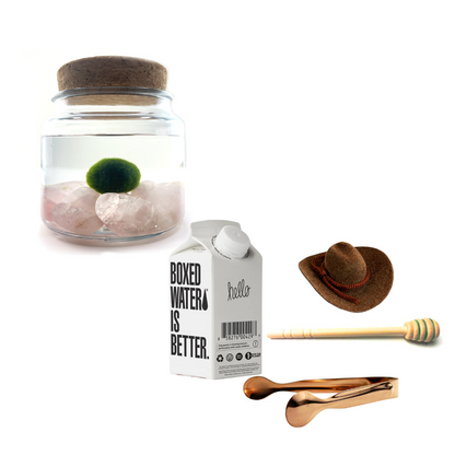 Combo Rose Quartz Moss Amigo with brown country hat and rose gold tong.