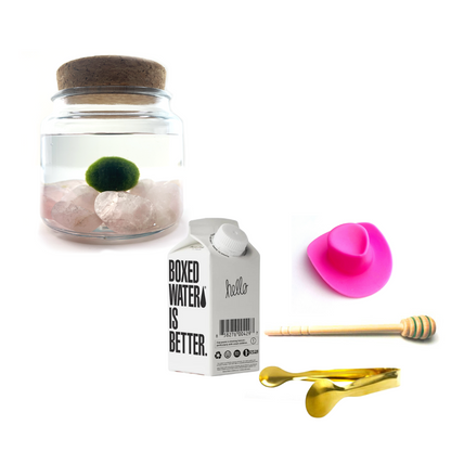 Combo Rose Quartz Moss Amigo with pink country hat and gold tong.