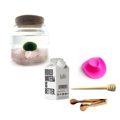 Combo Rose Quartz Moss Amigo with pink country hat and rose gold tong.