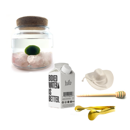 Combo Rose Quartz Moss Amigo with white country hat and gold tong.