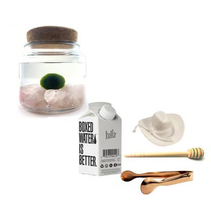 Combo Rose Quartz Moss Amigo with white country hat and rose gold tong.