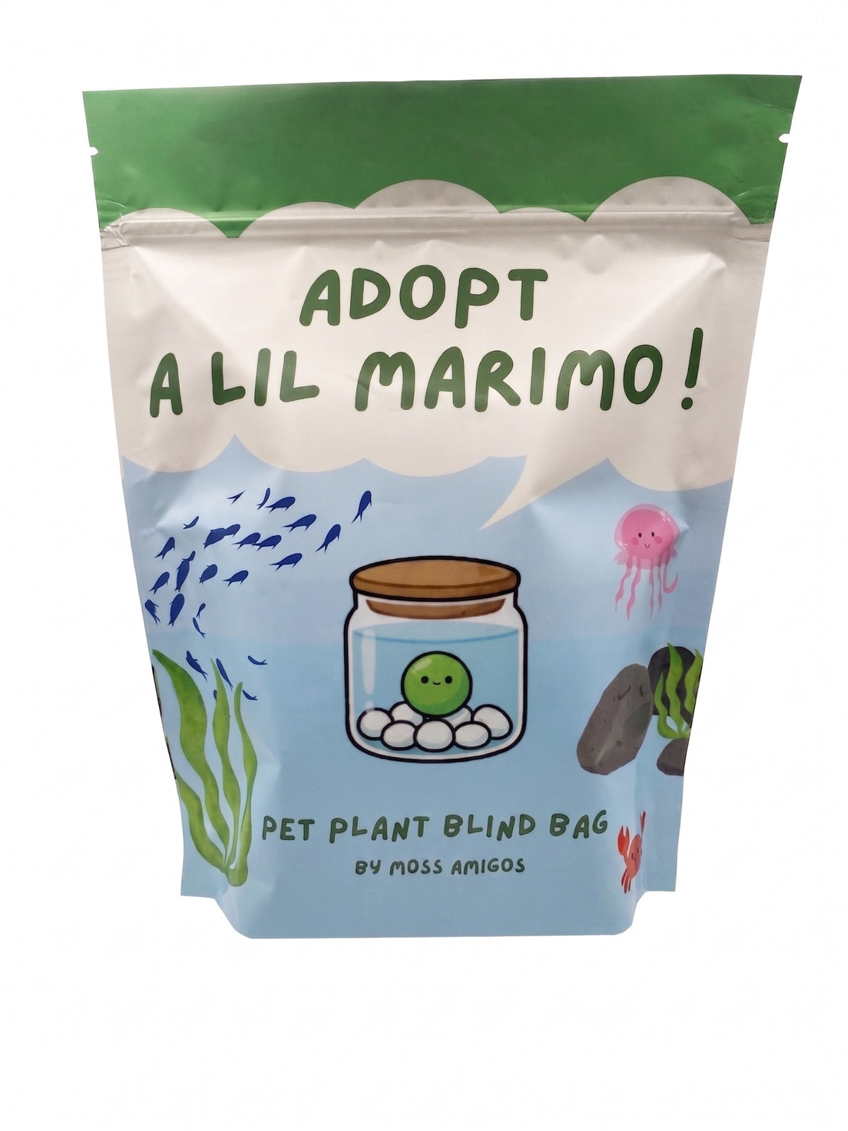 Moss Amigos Adopt a Lil Marimo pet plant blind bag, front packaging